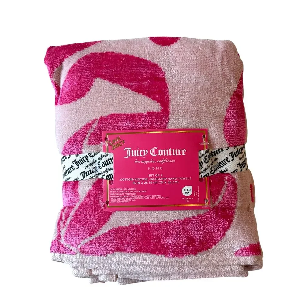 Juicy Couture Pink Bows Hearts Towel Set- 2 Hand & 2 Bath Towels Cotton NEW